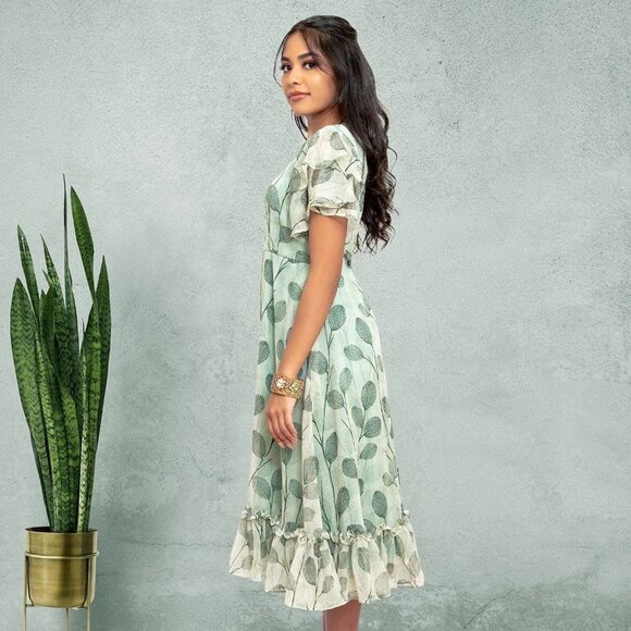 Green and White Printed Dress | Harmony Hues | Muvvas Boutique - Picture 10 of 10